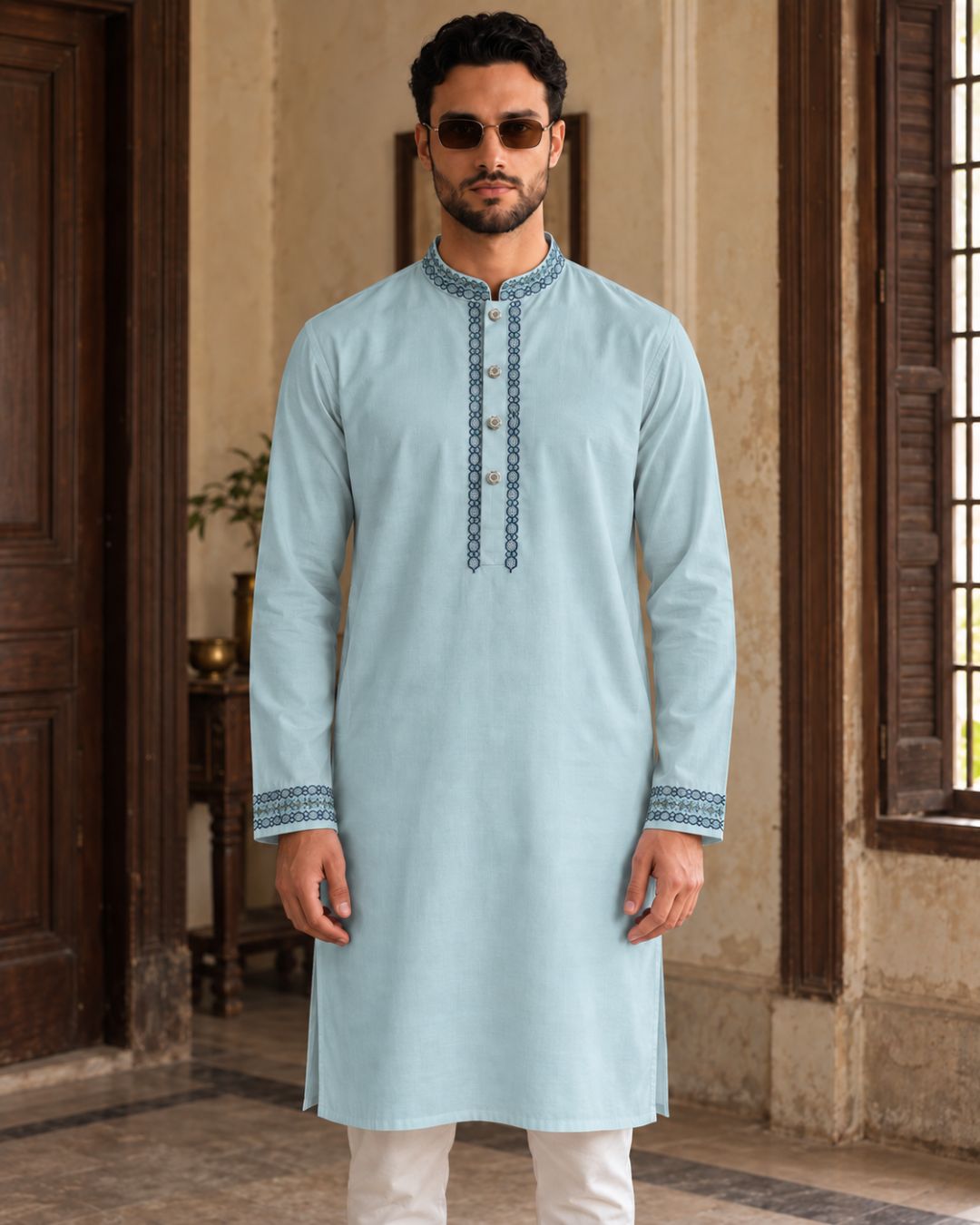 Stripe cottom embroidery Cyan